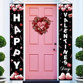 Valentines Day Decorations 2PCS Door Porch Banner Happy Valentine's Day Love Signs Black Backdrop Wall Hanging Banner Valentines Day Party For Outdoor Indoor Romantic Decor Supplies