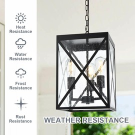 TODOLUZ Large Outdoor Pendant Light, Black Exterior Ceiling Porch Light with Seeded Glass Panel, Outdoor Chandelier Hanging Lantern for Garage Entryway Patio Front Door