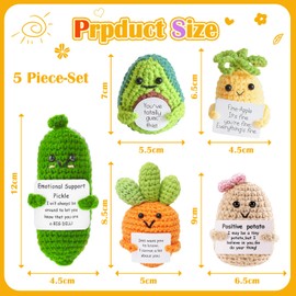 UNIANE 5 PCS Emotional Support Pickle, Fruits Knitted Dolls with Positive and Encouragement Support Vegetables, Emotional Support Crochet Gift for Friends Family, Birthday, Office Room Decor