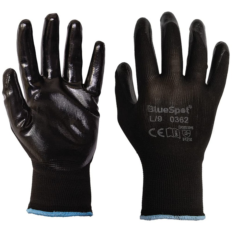 Blue Spot Tools 23010 Nitrile Grip Gloves (Large), Black