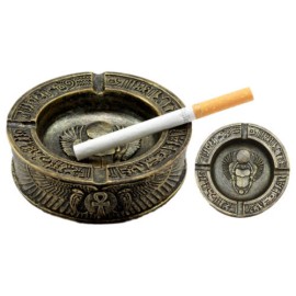 Egyptian Hieroglyphs Ankh Dual Cobra Winged Scarab Ashtray Figurine 4"Diameter