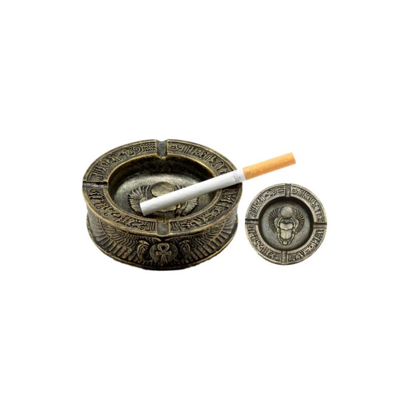 Egyptian Hieroglyphs Ankh Dual Cobra Winged Scarab Ashtray Figurine 4"Diameter