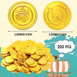 200 Pcs Pirate Gold Coins Plastic Play Treasure Coins, Embossed Plastic Coins Fake Coins for Play Favor Party Supplies, Treasure Hunting Game Pirate Party Decorations (Gold)