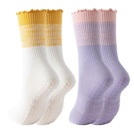 2 Pairs Pilates Socks with Grips for Women,Cute Grippy Yoga Non Slip Ruffle Sock for Ballet Barre Barefoot Hospital Workout