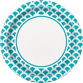 Unique Party 37205-23cm Teal & White Scallop Print Party Plates, Pack of 8, Paper