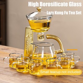 Lazy Kungfu Magnetic Tea Pot, Semi Automatic Glass Teapot, Lazy Kungfu Drip Teapot, Magnetic Attraction Water Rotating Cover Bowl Suitable for Home/Office Reception Tea Set (Golden Koi Fish)