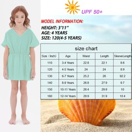 Omertshirt Girls Swimsuit Coverup UPF 50+ Beach Cover Ups Dress V Neck Beachwear Short Sleeve Green 10-11Years