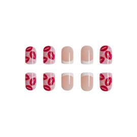 Press on Nails Short Square Red Lips Design French False Nails 24Pcs Artificial Pink Acrylic Nails Valentine's Day Glossy Medium Coffin Nails Full Cover Reusable Fake Nails Glue on Nails for Women
