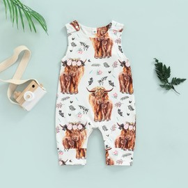 Chloefairy Western Baby Boy Girl Clothes Highland Cow Print Sleeveless Romper Jumpsuit Country Farm One Piece Summer Outfit (Khaki, 12-18 Months)