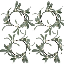 4 Pcs Spring Candle Rings Wreath Eucalyptus Holder Flocked Artificial Mistletoe Wreaths with Pearl Farmhouse Candle Lambs Ear for Taper Pillar Candle Table Home Decor (Green)
