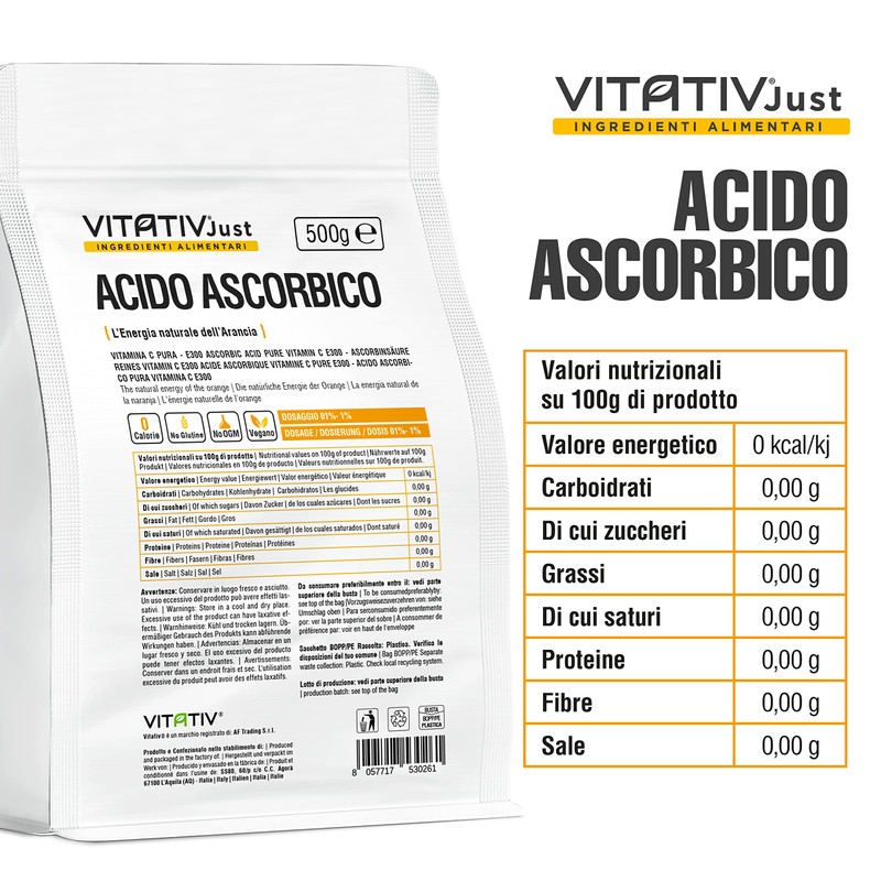 Reine Ascorbinsäure Vitamin C VITATIV JUST 500 Gramm | L-Ascorbinsäure