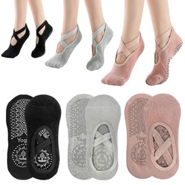 KEYRI 3 Pairs Non Slip Socks Yoga Pilates Socks for Women Girls, Trainer Socks Grippy Socks Floor Sock Anti-Slip Grips & Straps, One Size Breathable Socks for Fitness Ballet (Cotton, Black+Pink+Grey)