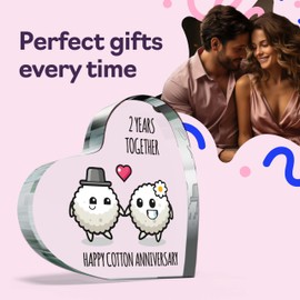 2nd Anniversary Plaque Gifts for Wife Husband - Happy Cotton Anniversary - I Love You Romantic Acrylic Heart Gift For Women Men, 100mm x 100mm Present For Couples Second Wedding Anniversaries