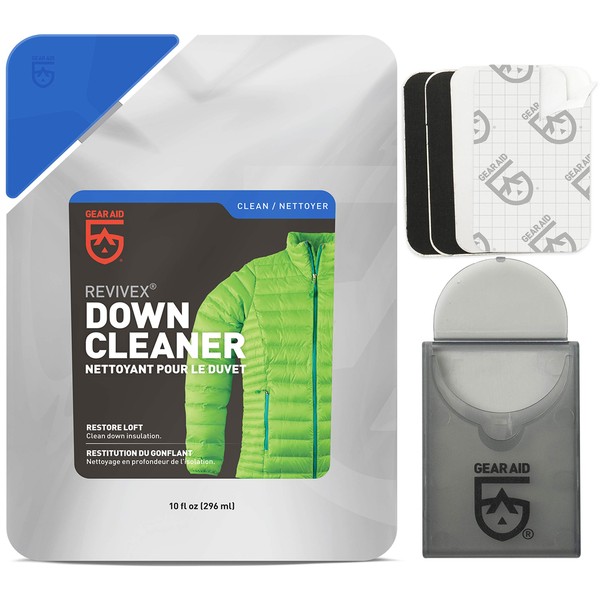 GEAR AID Revivex Down Care Kit for Jackets, Vests, Blankets, and Sleeping Bags, with Down Cleaner to Restore Loft and Tenacious Tape Mini Repair Patches to Fix Holes and Burns