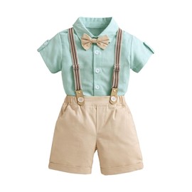 Volunboy Baby Boy Summer Clothing Set, Toddler Gentleman Suit Formal Bow Tie Shirt & Suspenders Shorts Romper Set（Green Beige，12-18 Months，Tag Size 90）