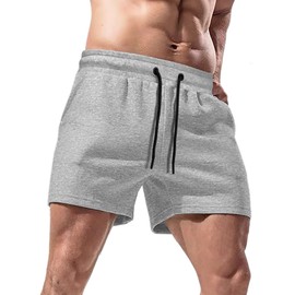 Lehmanlin Men's Running Shorts with Pockets 5 Inch Bodybuilding Cotton Shorts(Gray-XL)