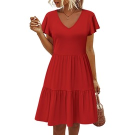HOTOUCH Short Sleeve Cotton Ruffled Dress for Women Tiered Dress with Pockets Ruffled Plain A Line High Waist Stretch Cotton Casual Summer Dresses Red Large