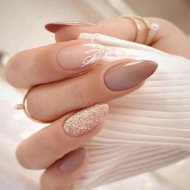Press on Nails Medium Almond Fake Nails with Glitter Leaf Designs Glossy Nude False Nails White French Acrylic Nails Glue on Nails for Women Girls Nails Decoration 24 Pcs