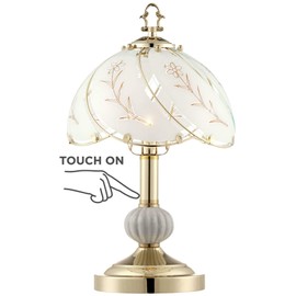 Regency Hill Traditional Accent Table Lamp 15" High Polished Brass Gold Floral Etched Art Glass Shade Touch On Off Decor for Bedroom House Bedside Nightstand Home Office