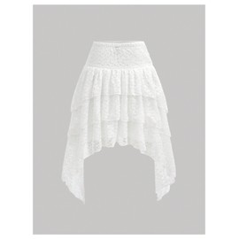 Verdusa Women's Lace Asymmetrical Layered Midi Skirt Tie Knot Ruched Flared Short Skirts White Small