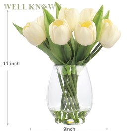WELL KNOWN WELL KNOWN 12 Pcs Tulips Artificial Flowers in Vase, Real Touch Tulips with Vase with Upgrate Acrylic Water Flower Arrangements Centerpiece for Dining Room Table DecorationCream