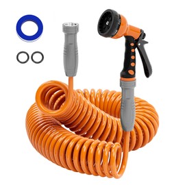 SPECILITE 3/8” Lightweight Coil Garden Hose 75 FT, EVA Retractable Curly Water Pipe with 6-Pattern Spray Nozzle for Boat, Greenhouse, Yard, Patio (Orange)