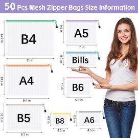 Dynta 50 Pieces Multi-Size Zipper Pouches Bags, 8 Size 8 Colors Letter Size Small Colorful Organized Mesh Zipper, Mesh Bags With Zipper for Travel Accessories Office & Home Organization