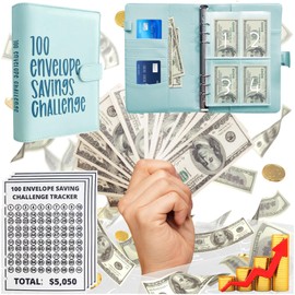 100 Envelopes Money Saving Challenge, Easy and Fun Way to Save $5,050, Budget Binder Savings Challenge Book, Savings Challenges Budget Book Binder, Budget Planner Book for Saving Money (Cyan)