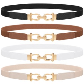 JASGOOD 4 Pack Women's Elastic Skinny Belt Fashion Alloy Buckle Stretchy Thin Waist Belts for Dresses