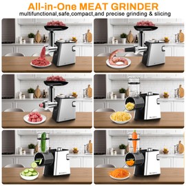XFCNIKOU Electric Meat Grinder, Cheese Grater, 2800W Max Stainless Steel Veggie Shredder, Vegetable Cutter with 5 Slice Blades, 3 Grinding Plates, Sausage Stuffer & Kubbe Kit, for Home Kitchen Use