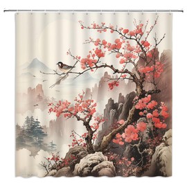 Asian Japanese Shower Curtain Chinese Oriental Mountain Cherry Blossom Spring Landscape Ink Painting Tradition Vintage Floral Bathroom Curtain Set Polyester Fabric Hook 70 X 70 Inch