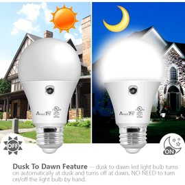 Dusk to Dawn Light Bulb- 2 Pack, AmeriTop A19 LED Sensor Light Bulbs; UL Listed, Automatic On/Off, 800 Lumen, 10W(60 Watt Equivalent), E26 Base, Indoor/Outdoor Lighting Bulb (5000K Daylight)