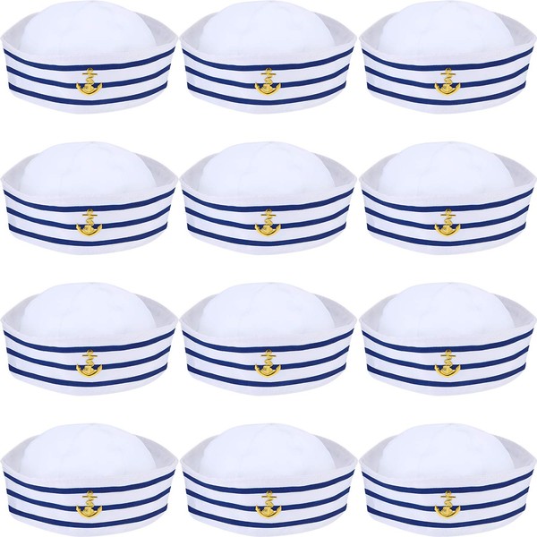 12 Pieces Sail Hats Blue with White Captain Sailor Hat for Men Women Costume Accessory Dressing up Party (Delicate Style)