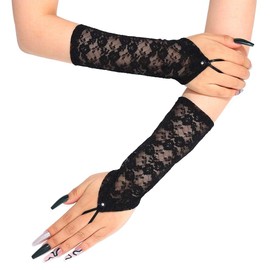 Yikisdy Black Fingerless Lace Gloves Short Tulle Wedding Gloves Tea Party for Women (Type 1, Free size)