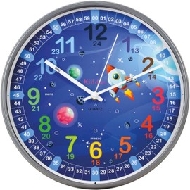 Kiddus Children's Wall Clock Analogue Time Teacher with Time Learning Exercises. Silent Clock. Many Languages. Italian XL Galaxy