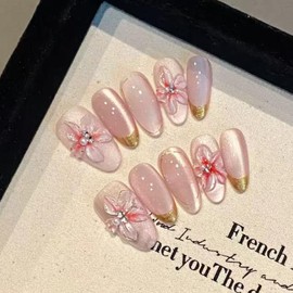 CQJSYL Nail Tips Short 100% Handmade Nail Tips Short Handmade Wearing Type False Nails Just Stick It On Korean Self Nail Sticker Nail Design Glossy Bride Coming-of-Age Ceremony Wedding (001WR, S)