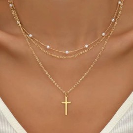 CAROVO Gold Necklace for Women ,14K Gold Plated Dainty Layered Necklace Trible Layering Satellite Pearls Cross Paper Clip Box Chain Snake Hammered Disc Link Necklace Shinny Twisted Rope Chain Necklace Jewelry for Women