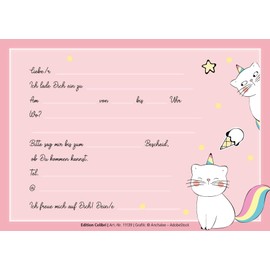 Edition Colibri 10 Unicorn Cat Invitations: Birthday Invitations for Children, Girls, Set of 10, Unicorn, Cats, Pink, Rainbow, Invitation Cards for Children's Birthday (11139DE)