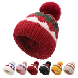Bobble Hat Women - Fleece Lined Beanie Hats Ladies Winter Thermal Knitted Wooly Hats with Pom Pom Red