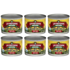 La Preferida Organic Diced Green Chile Peppers Fire-Roasted & Peeled Perfect for Tacos, Casseroles & Nachos, 4oz. (Pack of 6)