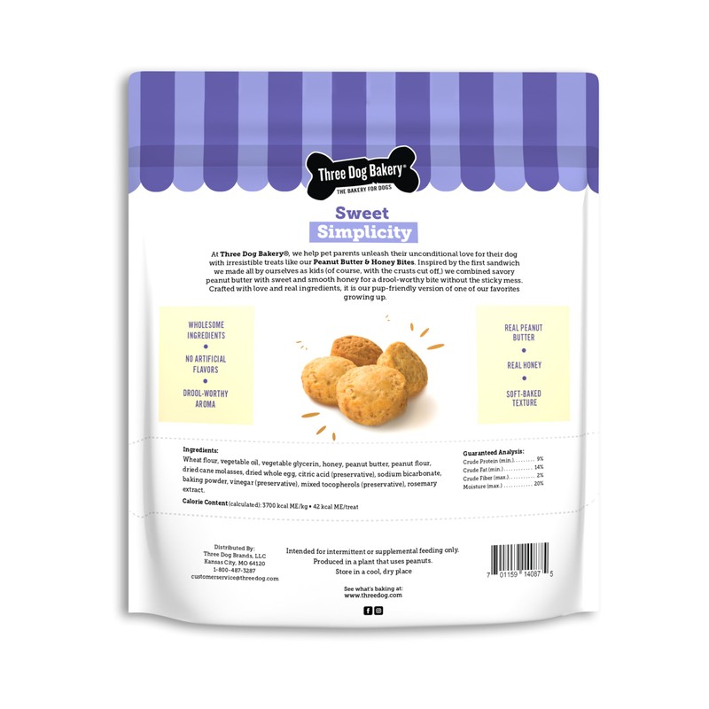 Three Dog Bakery Peanut Butter & Honey Bites, Mess-Free Snacks
