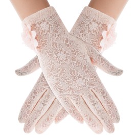 Yolev Ladies Floral Lace Gloves Short Elegant Gloves Stretchy Summer Sun UV Protection Driving Gloves with Touch Screen for Wedding Opera Dinner Party (Pink)