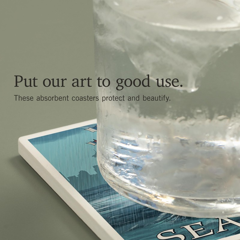 Seattle, Washington, Kraken Attacking Ship (Absorbent Ceramic Coaster, Single, Cork