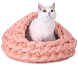 Beneluckyo Knitted Cat Cave, 20in Pink Cat Beds for Indoor Cats, Kittens or Puppies, Flexible Pet Bed - Turns into Tent, Nest or Pad, Machine Washable