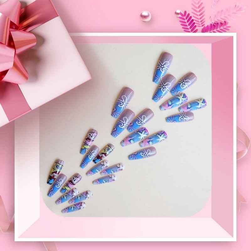 QQPPOLIU Square Long Press on Nails,Fake Nails with Designs,Full Cover