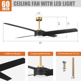 Parrot Uncle Black Ceiling Fans with Lights and Remote, 60 Inch