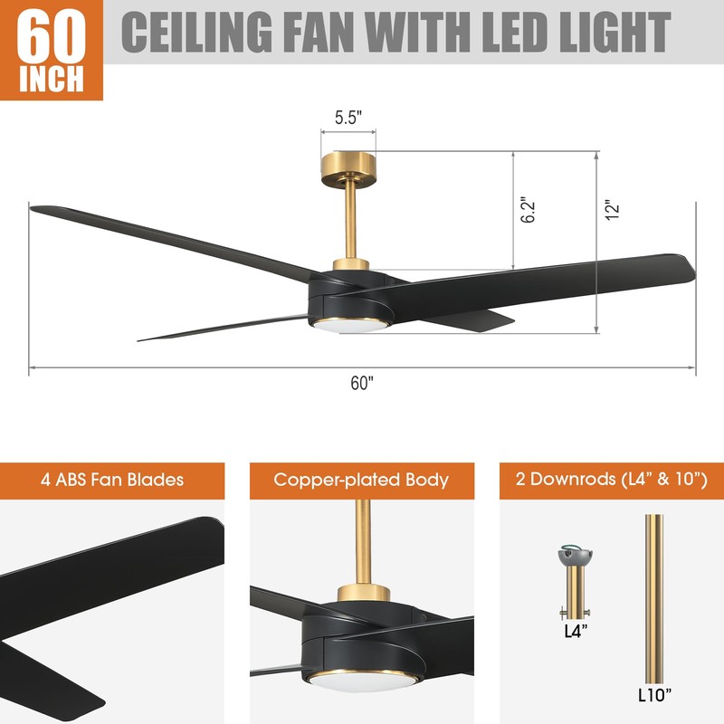 Parrot Uncle Black Ceiling Fans with Lights and Remote, 60