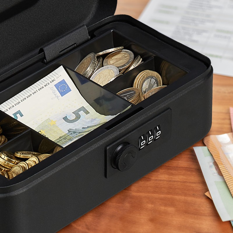 Relaxdays Cash Box, 3-Digit Number Combination, Coin Insert, Iron Money