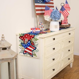 ARKENY 4th of July Memorial Day Table Runner 13x90 Inches, Star Eucalyptus Leaves American Flag Holiday Farmhouse Burlap Indoor Patriotic Independence Table Decor for Home Party AT614-90