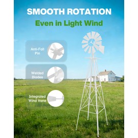 8FT Windmill for Yard Garden Decoration with Weather Vanes，Heavy Duty Outdoor Wind Mills, Large Metal Outdoor Windmill,Weather Resistant,White